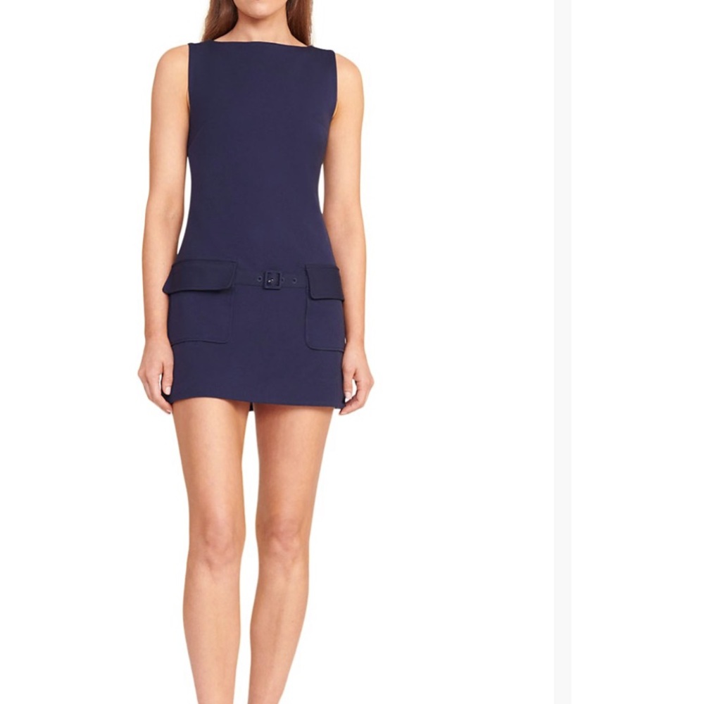 STAUD Sleeveless Navy Mini Dress with Belted Pockets